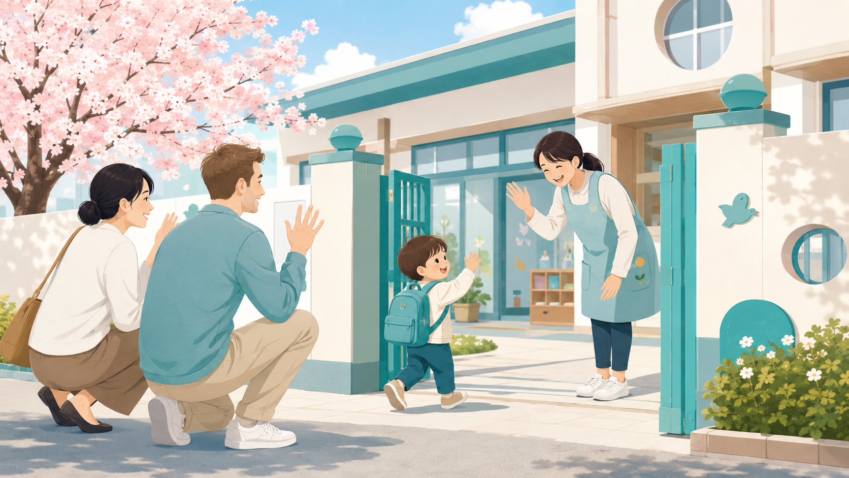 International parents dropping off their toddler at a Japanese hoikuen preschool