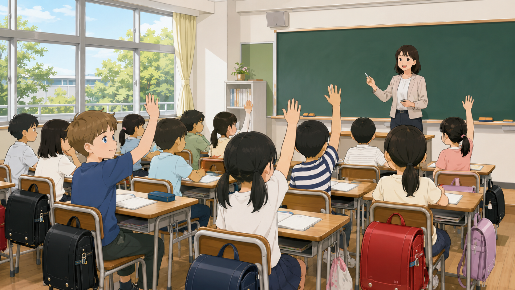 Western and Japanese children raising hands during a lesson in a Japanese public elementary school classroom