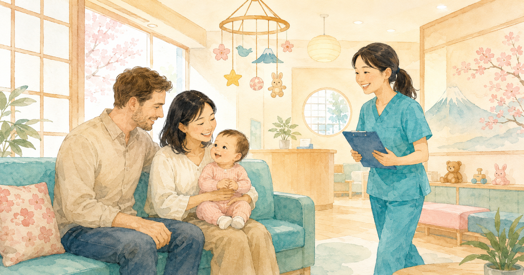 Parent holding baby at a Japanese pediatric clinic for vaccination