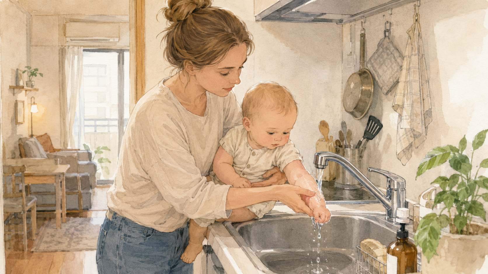 Watercolour illustration of a parent cooling a toddler's arm gently with water in a bowl in a Japanese kitchen
