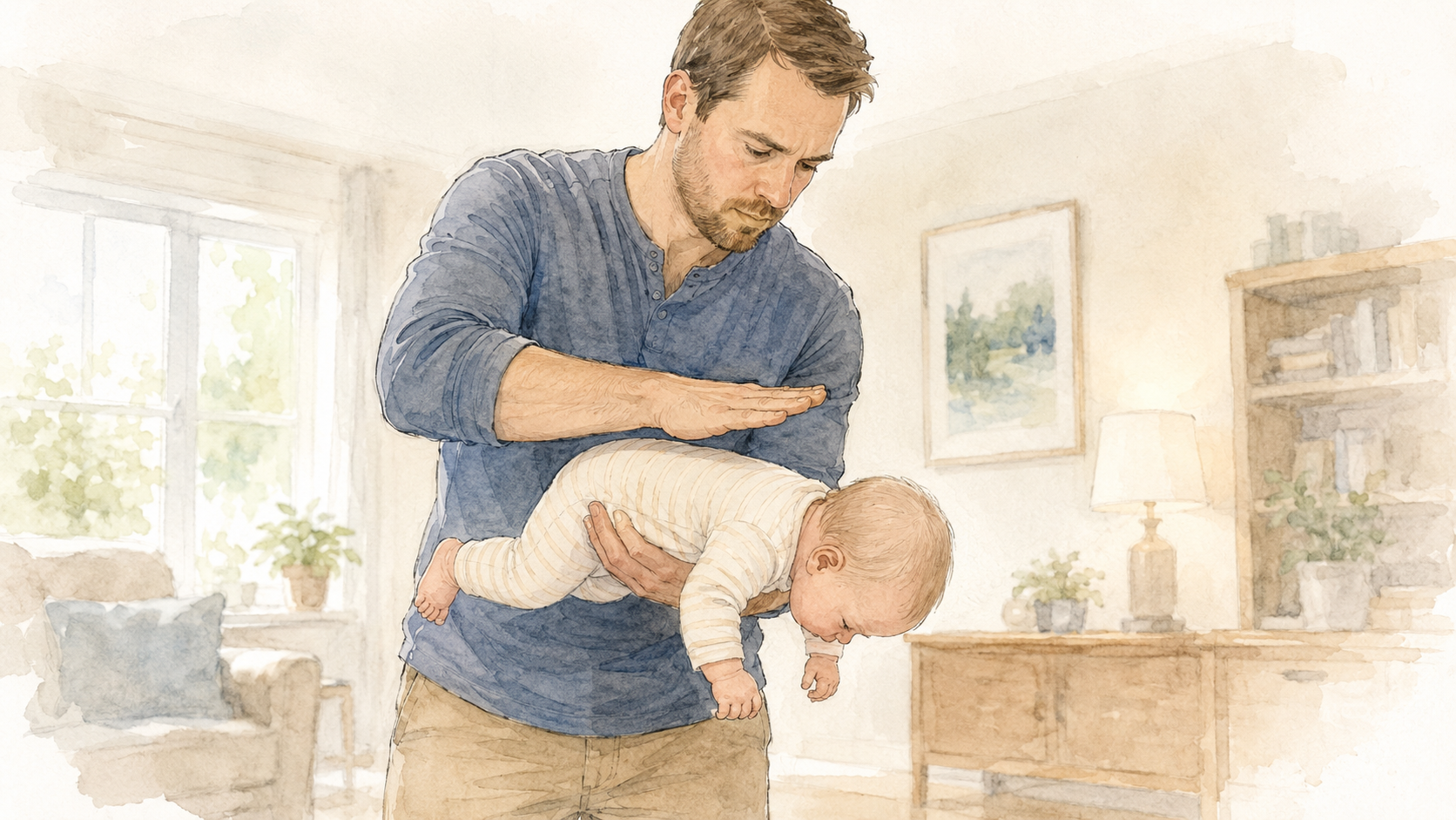 Watercolour illustration of a father performing back blows on a baby held face-down along his forearm