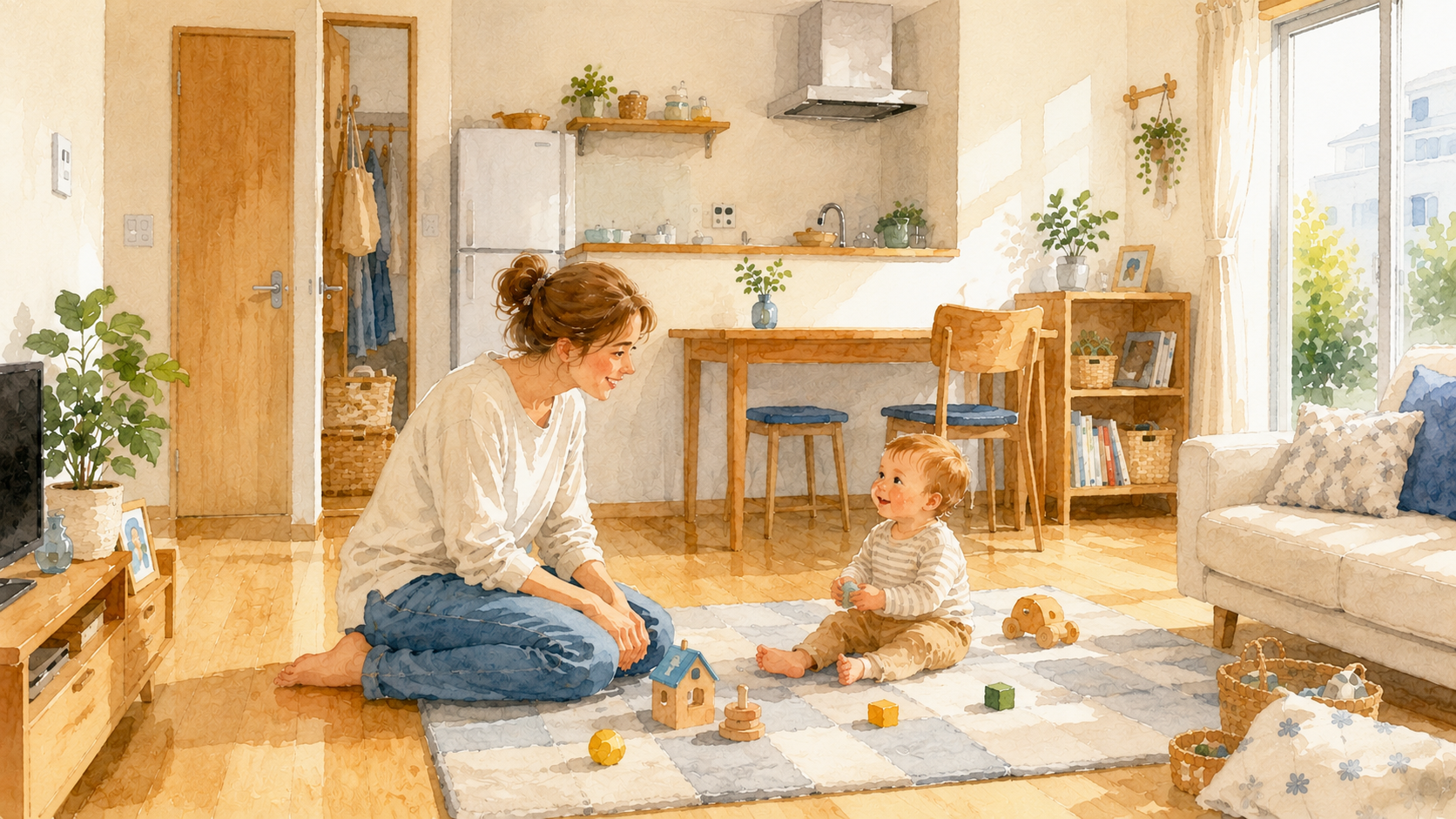 Soft watercolour illustration of a parent calmly attending to a toddler in a Japanese home setting, safe and reassuring atmosphere
