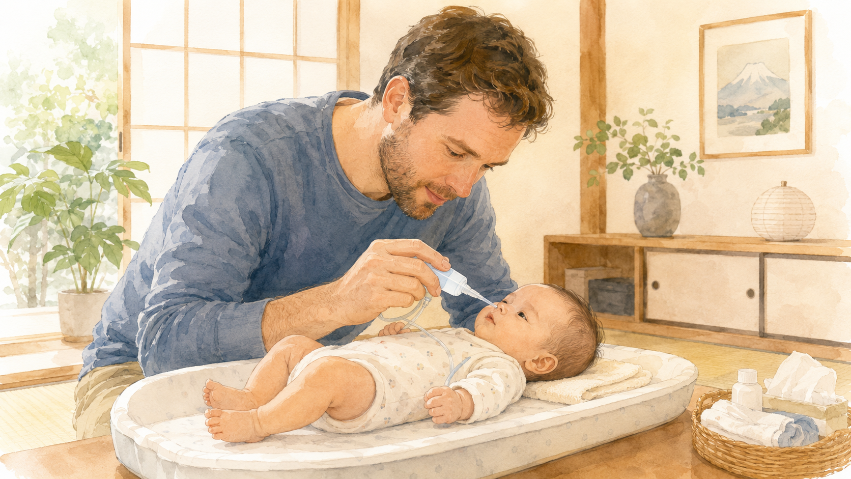 Soft watercolour illustration of a Western father carefully using a nasal aspirator on a baby lying on a changing mat in a Japanese home