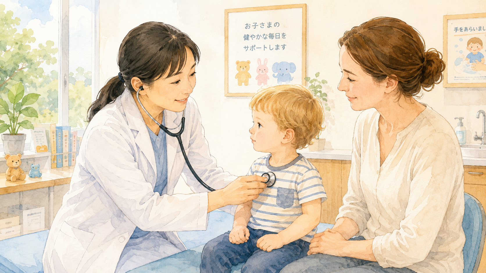 Soft watercolour illustration of a Japanese paediatrician examining a Western toddler with a stethoscope while a Western mother sits beside them, calm and reassured, in a bright clinic setting