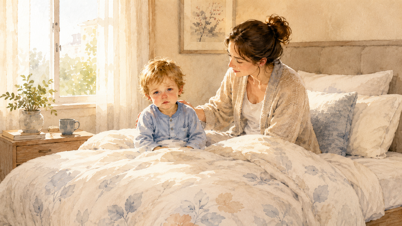 Soft watercolour illustration of a Western toddler sitting up in a Japanese-style bed with a runny nose, a Western mother sitting beside them looking calm and attentive