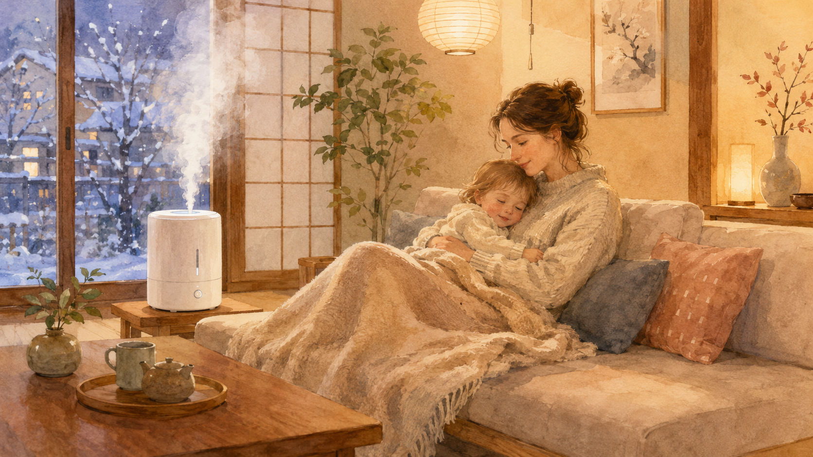 Soft watercolour illustration of a cosy Japanese living room in winter, a Western mother and toddler resting together on a low sofa with a white humidifier running nearby