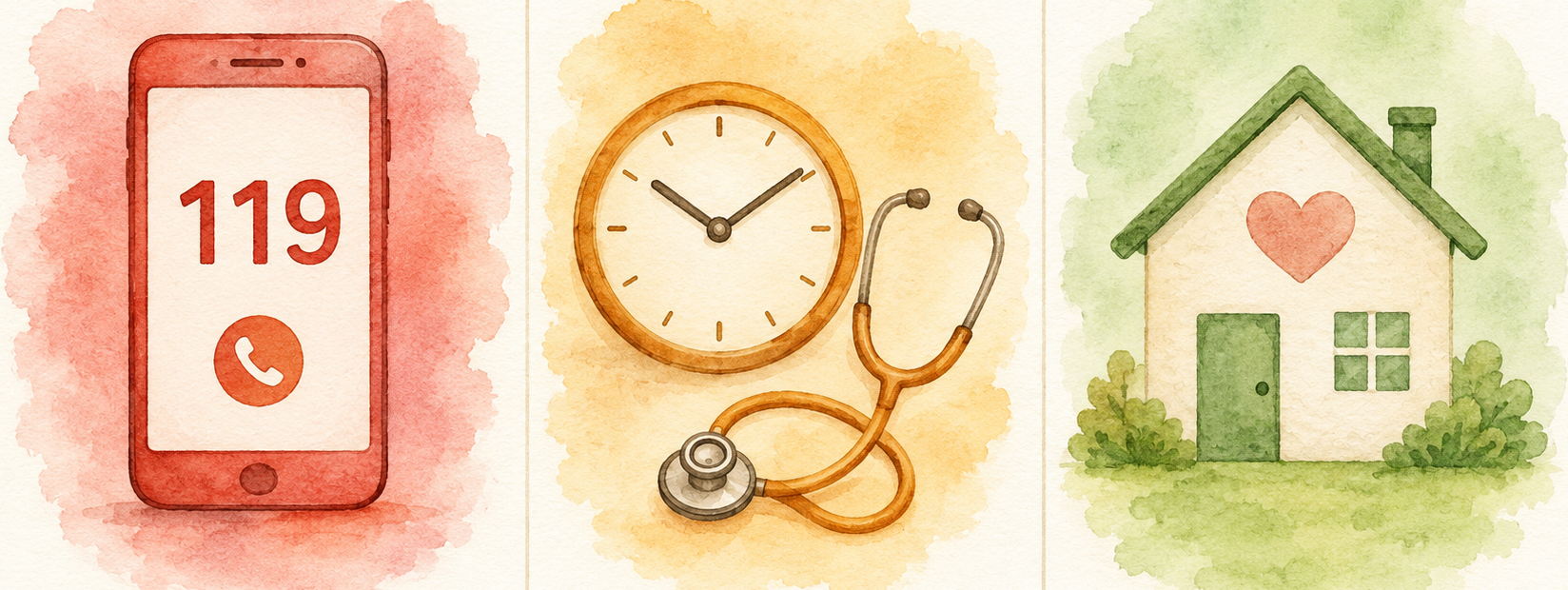 Watercolour illustration showing three urgency levels: a phone showing 119 on a red background, a clock and stethoscope on amber, and a house with a heart on green