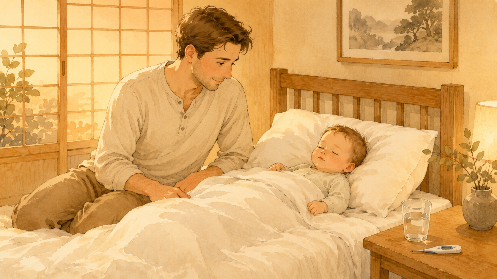 Soft watercolour illustration of a non-Japanese father sitting beside a sleeping baby in a Japanese room, gently monitoring the child with a thermometer nearby