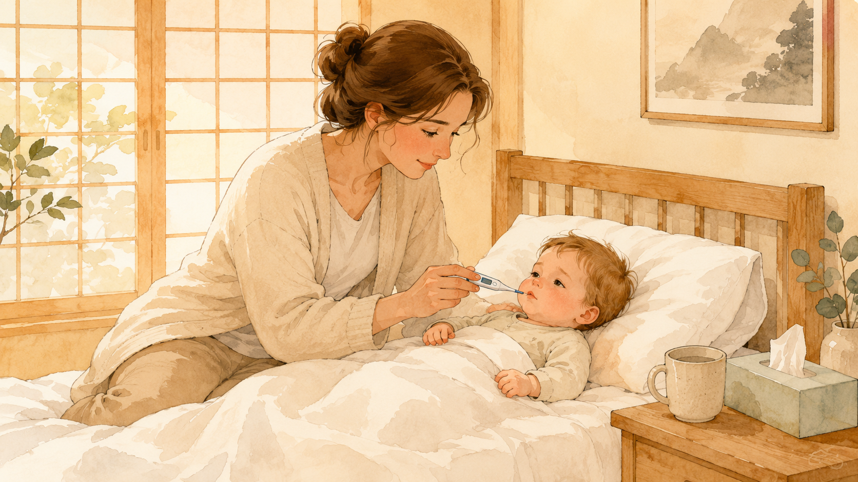 Soft watercolour illustration of a non-Japanese mother gently checking her baby's temperature with a thermometer in a compact Japanese apartment