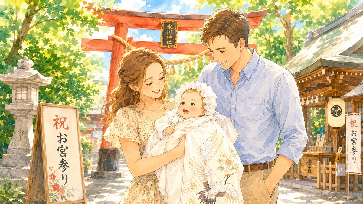 Watercolor illustration of a Western couple holding their baby in a white ceremonial robe outside a Japanese Shinto shrine, red torii gate in the background