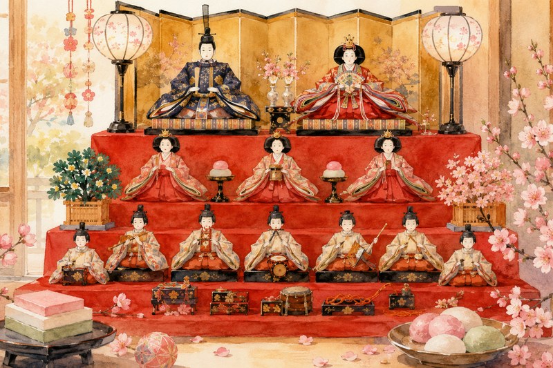 Watercolor illustration of a full traditional Japanese Hinamatsuri doll display on red-carpeted tiered steps, with cherry blossoms and hishimochi