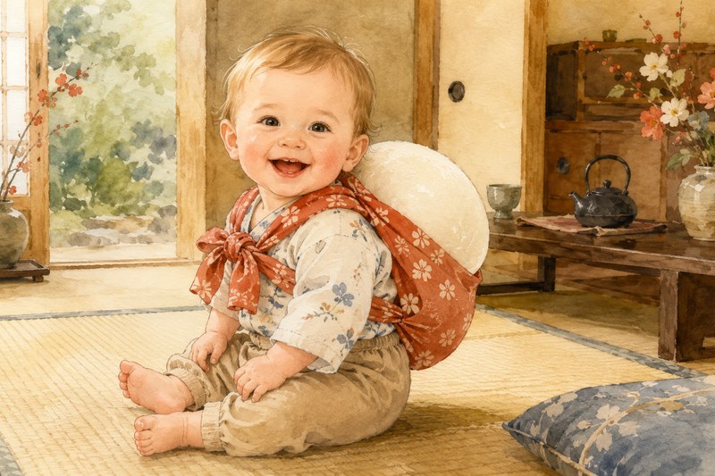 Watercolor illustration of a cheerful Western baby sitting on tatami wearing a red floral cloth backpack carrying a large round rice cake for the issho-mochi tradition