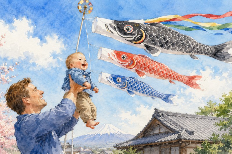 Watercolor illustration of a clean-shaven Western father lifting his baby toward colorful Japanese carp streamers in a blue sky, with Mt. Fuji in the background