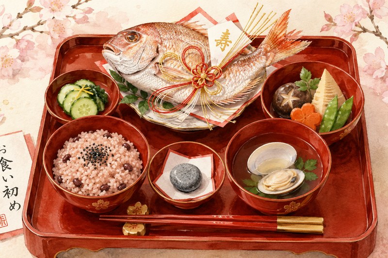 Watercolor illustration of a traditional Japanese お食い初め ceremony with lacquer bowls, sea bream, red rice, and a small smooth stone arranged on a low table