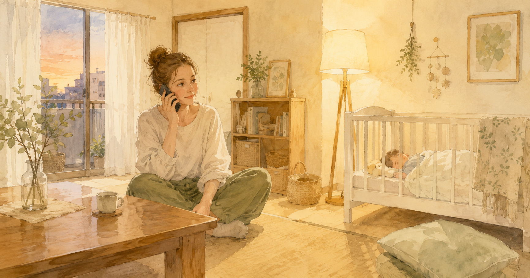 Illustration of a non-Japanese mother making a phone call at night in a Japanese living room, baby sleeping nearby, expression calm and reassured