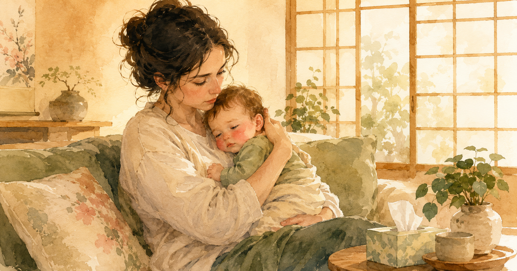 Soft illustration of a Western mother sitting in a Japanese apartment, holding her unwell baby gently, looking calm but concerned