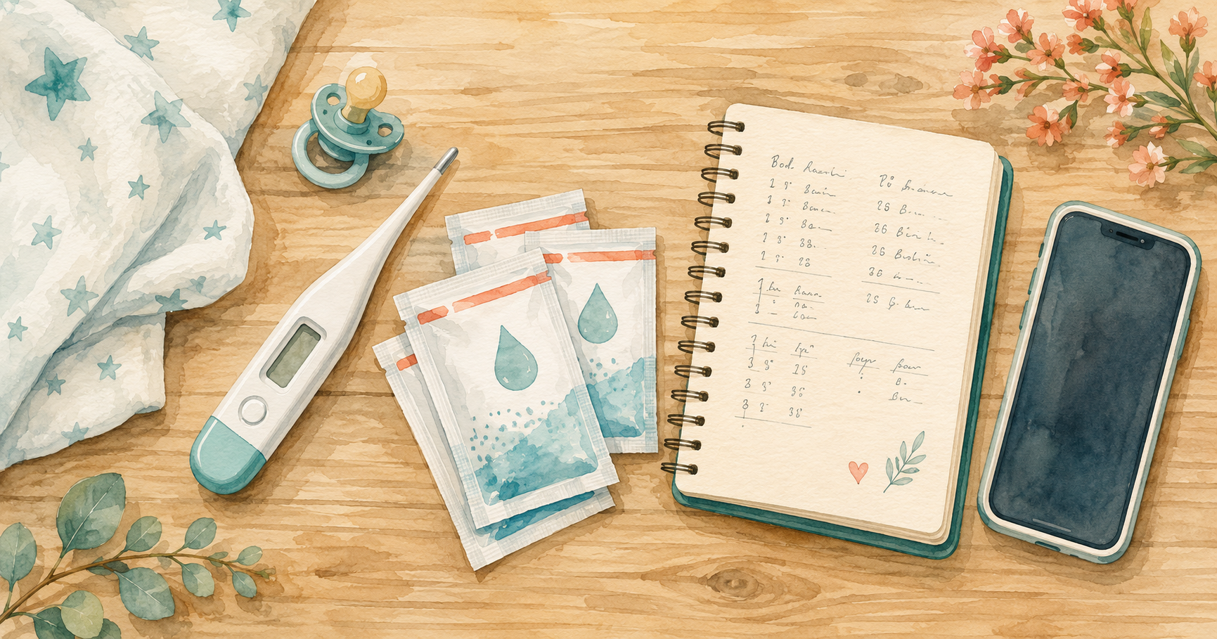 Illustration of a Japanese baby first aid essentials flat-lay — thermometer, oral rehydration sachets, notebook with emergency numbers, and a smartphone