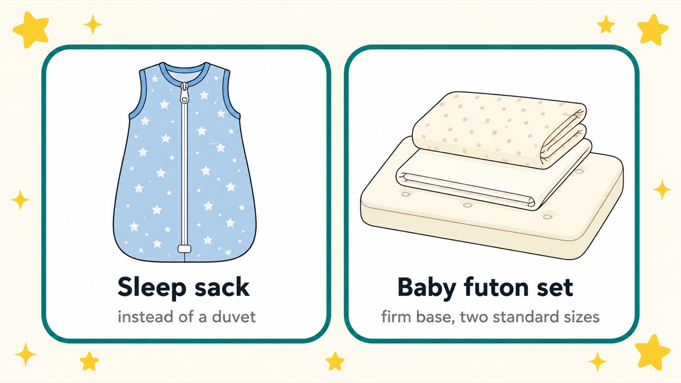 Diagram of the two sleep items sold everywhere in Japan: a sleeveless wearable sleep sack, used instead of a duvet, and a baby futon set with a firm base futon, sheet and cover, sold in two standard sizes