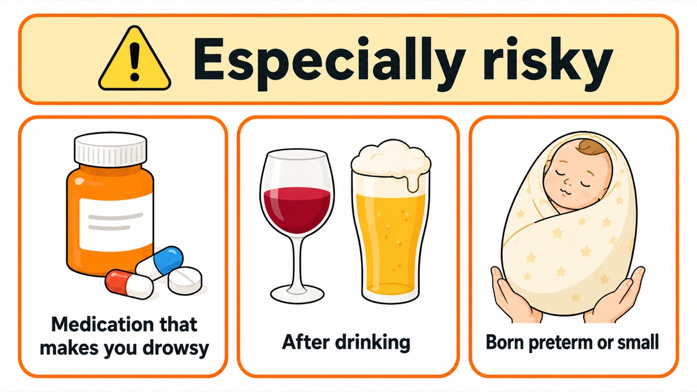 Diagram of the three circumstances Japan's guidance names as especially risky when sleeping alongside a baby: where the adult has taken medication that causes drowsiness, where the adult has been drinking, and where the baby was born preterm or at a low birth weight