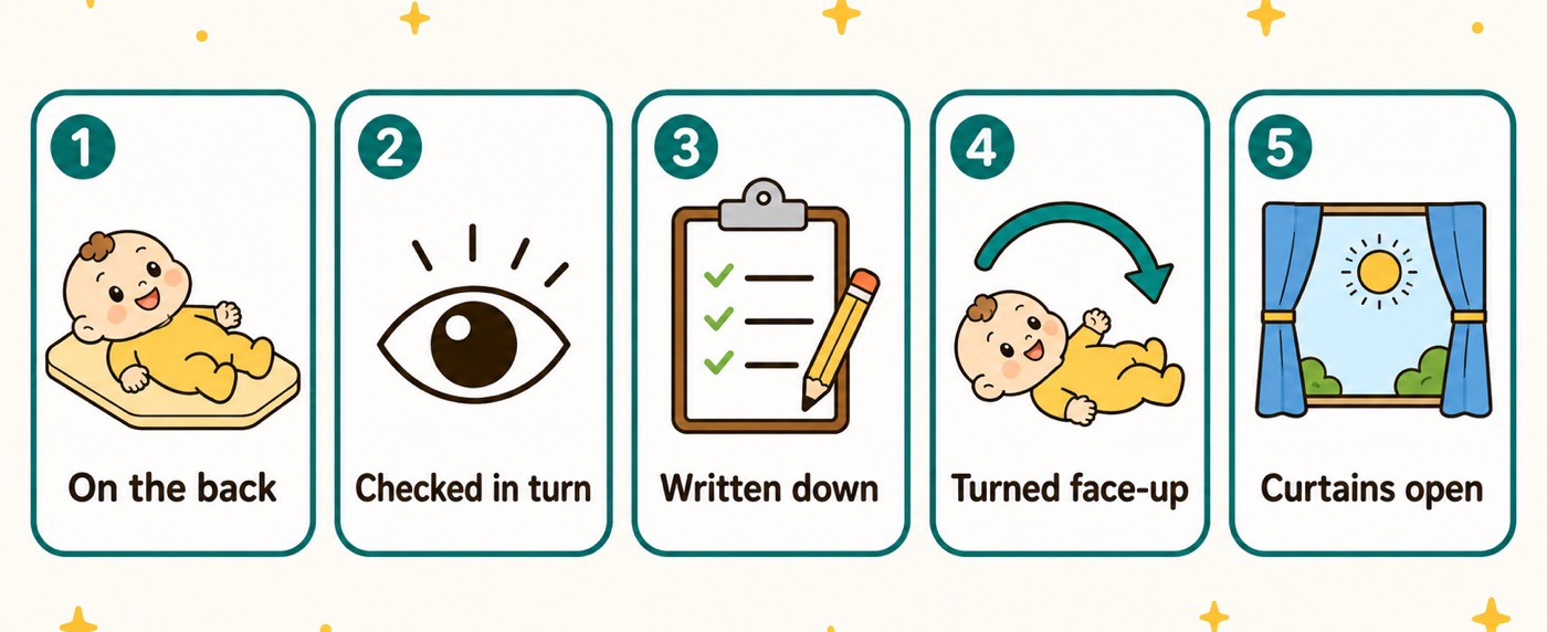 Diagram of the routines that make up naptime at a Japanese nursery: babies put down on their backs, children checked in turn, each check written down, a baby turned face-up if it has rolled over, and the curtains kept open for light
