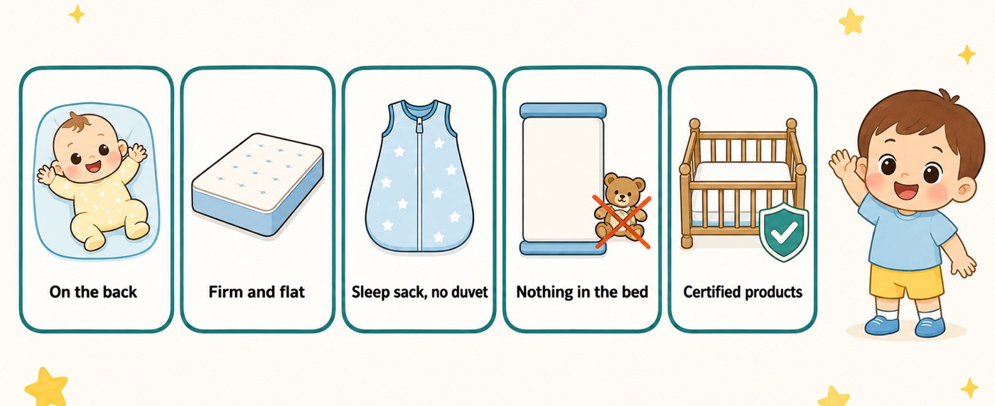 Summary of the sleep points that come up most often in Japan's guidance: putting the baby on its back, a firm flat surface, a sleep sack instead of a duvet, nothing else in the bed, and sleep products that meet the national safety standard