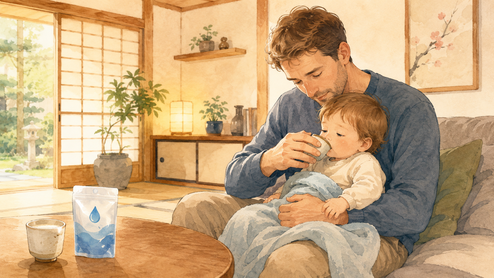 Soft watercolour illustration of a non-Japanese father giving small sips of water to a tired toddler in a Japanese home setting