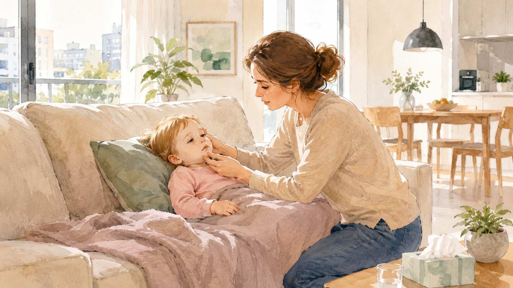 Soft watercolour illustration of a non-Japanese mother kneeling beside a toddler on a sofa, gently checking the child's lips and face for signs of dehydration