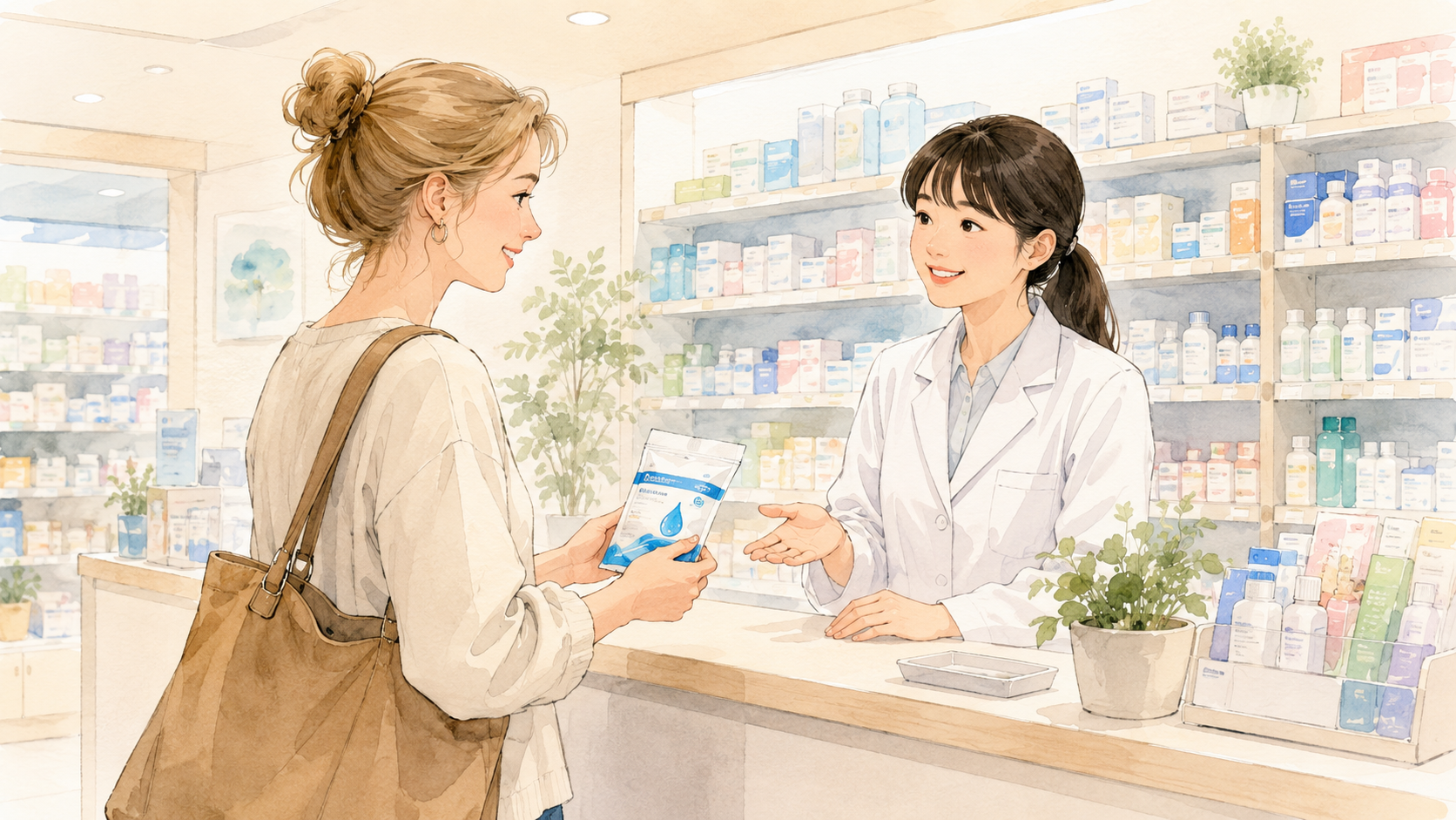Soft watercolour illustration of a non-Japanese mother at a Japanese pharmacy counter, holding a PET bottle of oral rehydration solution while a Japanese pharmacist gestures to the shelf