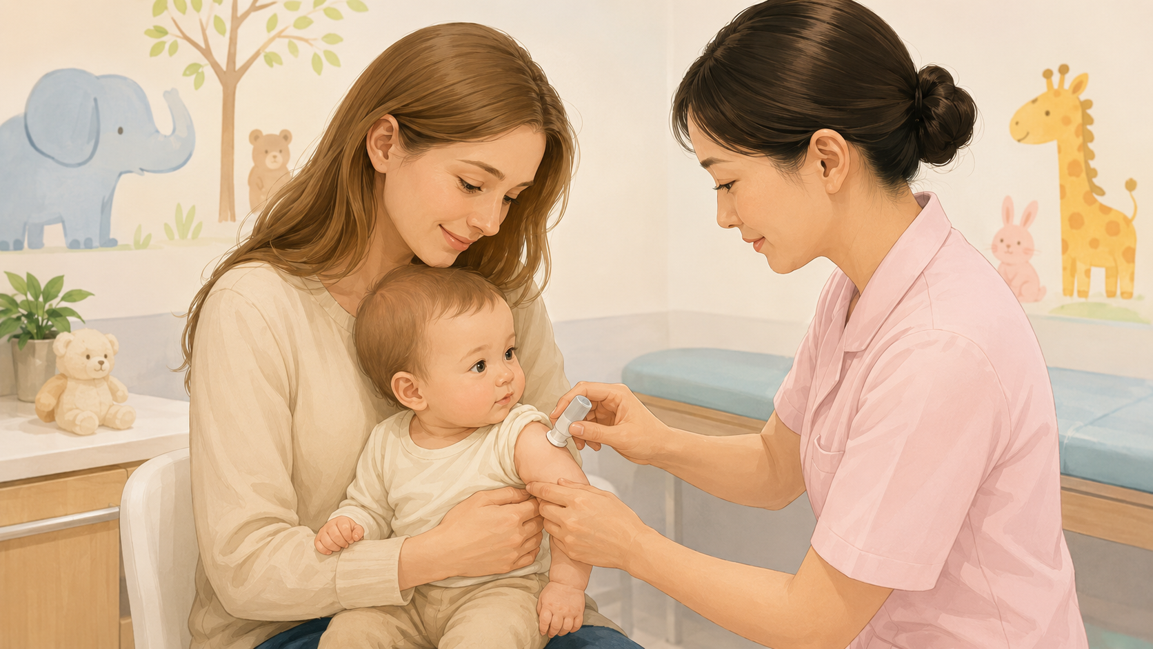 Parent holding baby while nurse administers BCG vaccine in Japan