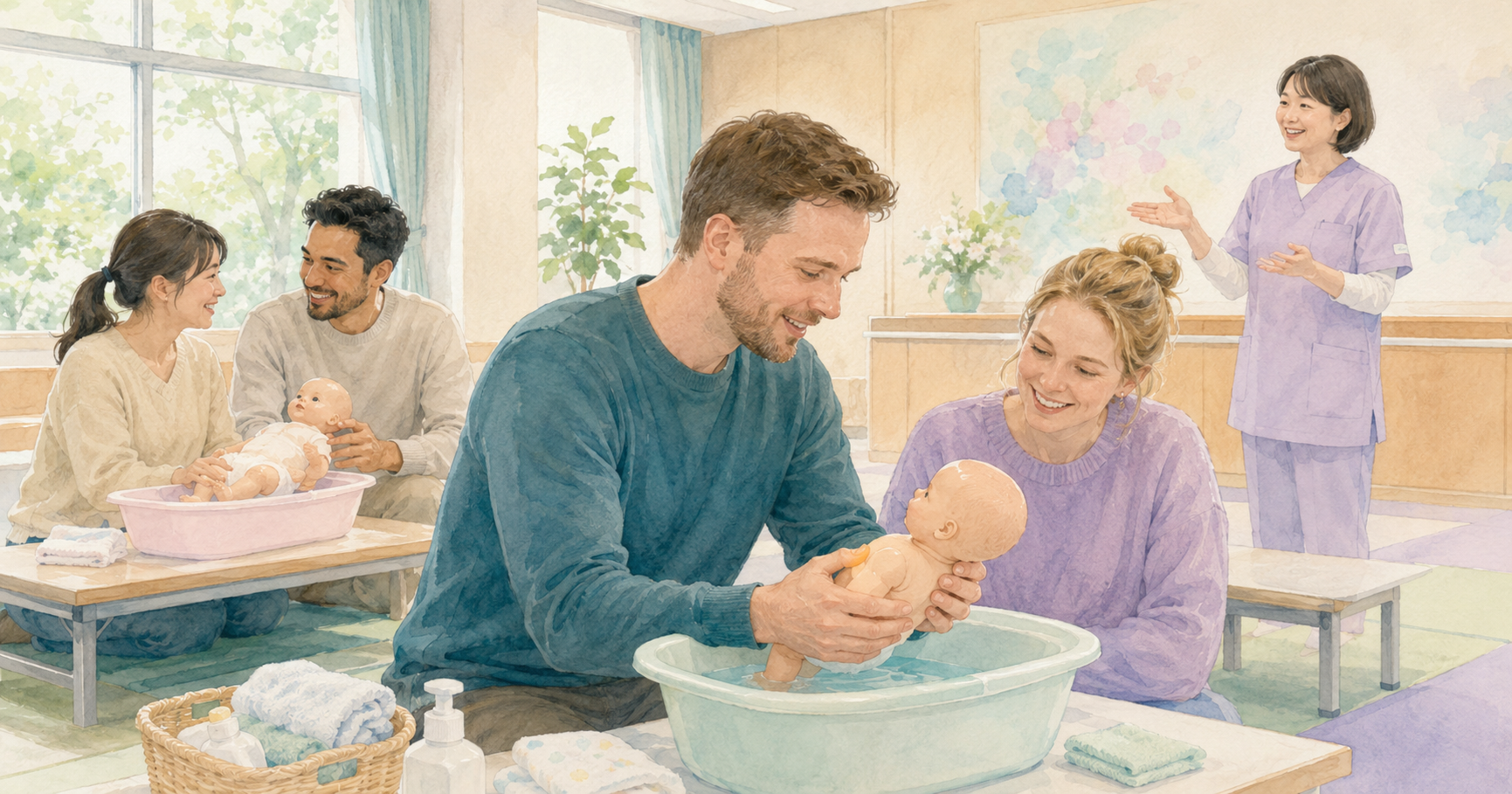 Watercolour illustration of a 両親学級 antenatal class in Japan — international couples practising newborn bathing with doll basins on low tables, guided by a Japanese midwife instructor in a bright community room