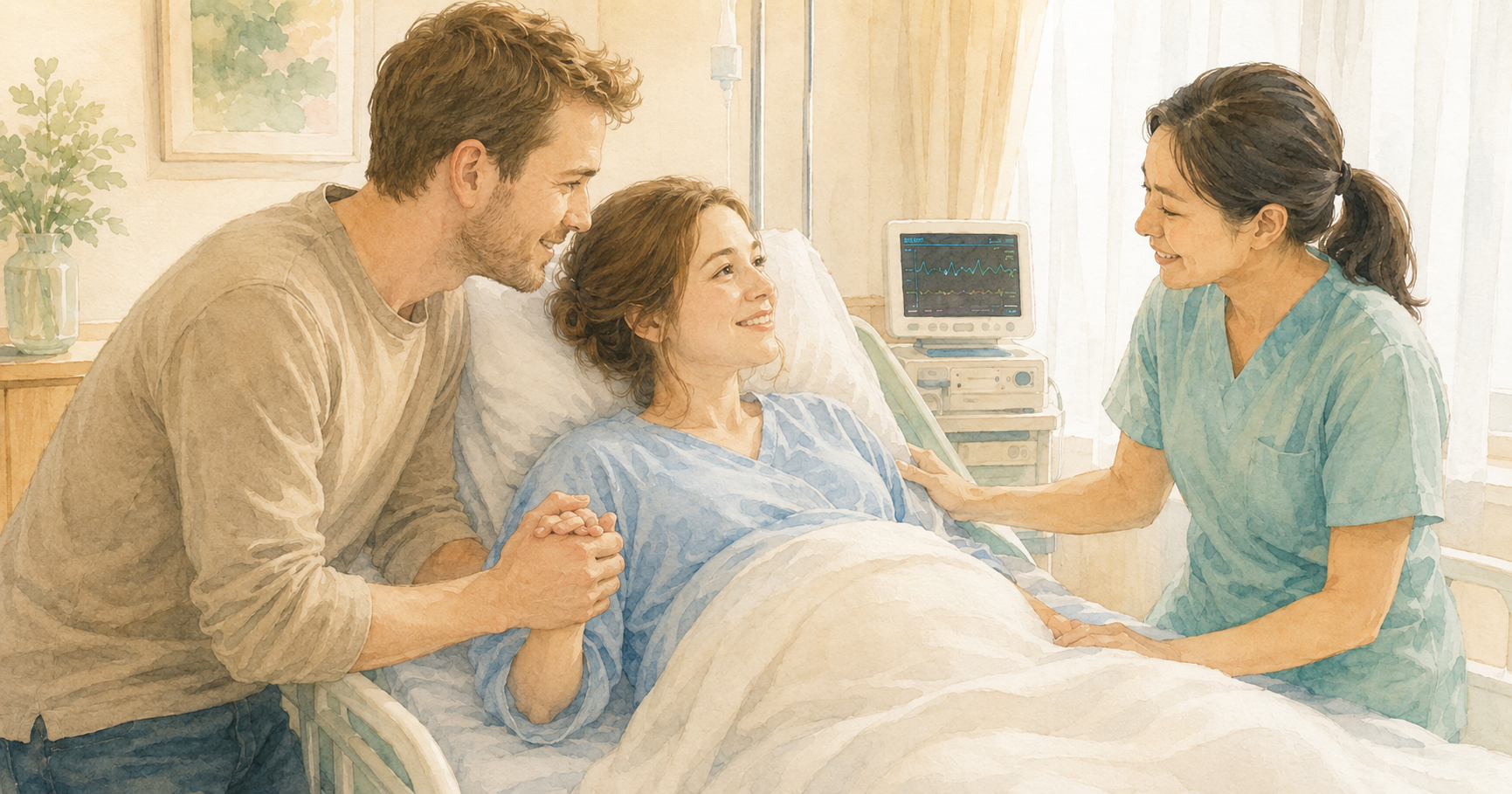 Soft watercolour illustration of a Japanese hospital delivery room — a woman in a hospital gown in a labour bed, her partner beside her holding her hand, a midwife in pale blue scrubs attending, warm light through a window
