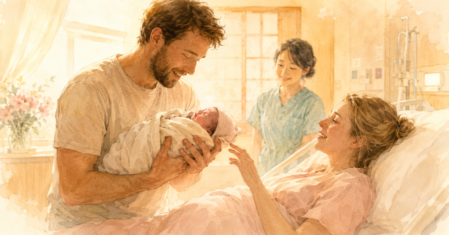 Watercolour illustration of a non-Japanese father holding his newborn baby for the first time in a Japanese hospital delivery room, his partner smiling from the bed, a Japanese midwife watching warmly in the background