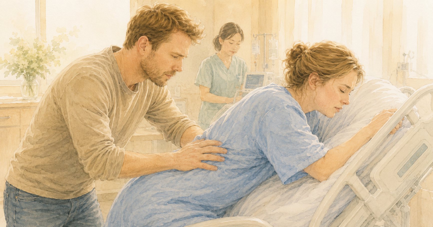 Watercolour illustration of a non-Japanese man standing beside a hospital labour bed, hands pressing on his partner's lower back to ease contraction pain, with a Japanese midwife visible in the background