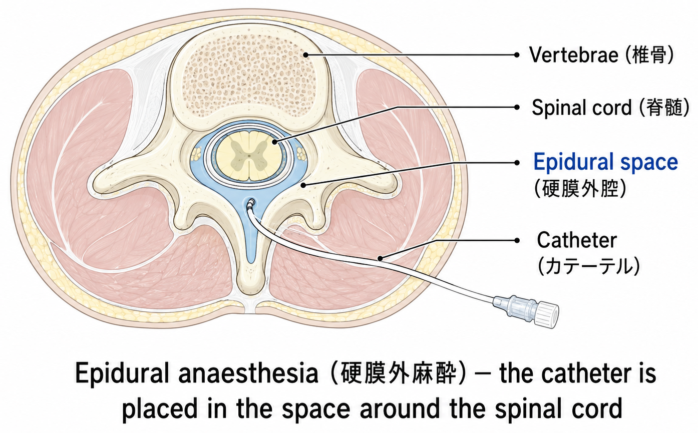 Simple diagram showing the position of the epidural catheter in the lower back: the epidural space between the vertebrae, with the catheter threaded in to deliver pain relief during labour
