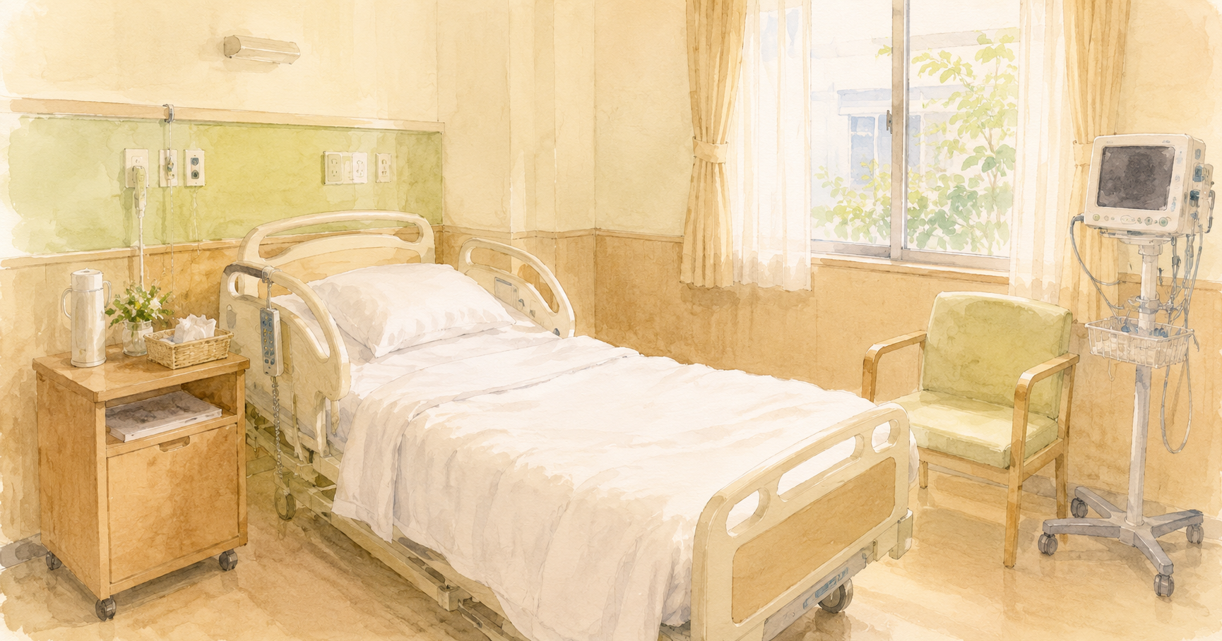 Watercolour illustration of a Japanese hospital LDR room: a standard adjustable hospital bed with white linens, a wooden bedside table, a green chair for a birth partner, and a monitor on a stand, with a window letting in soft natural light