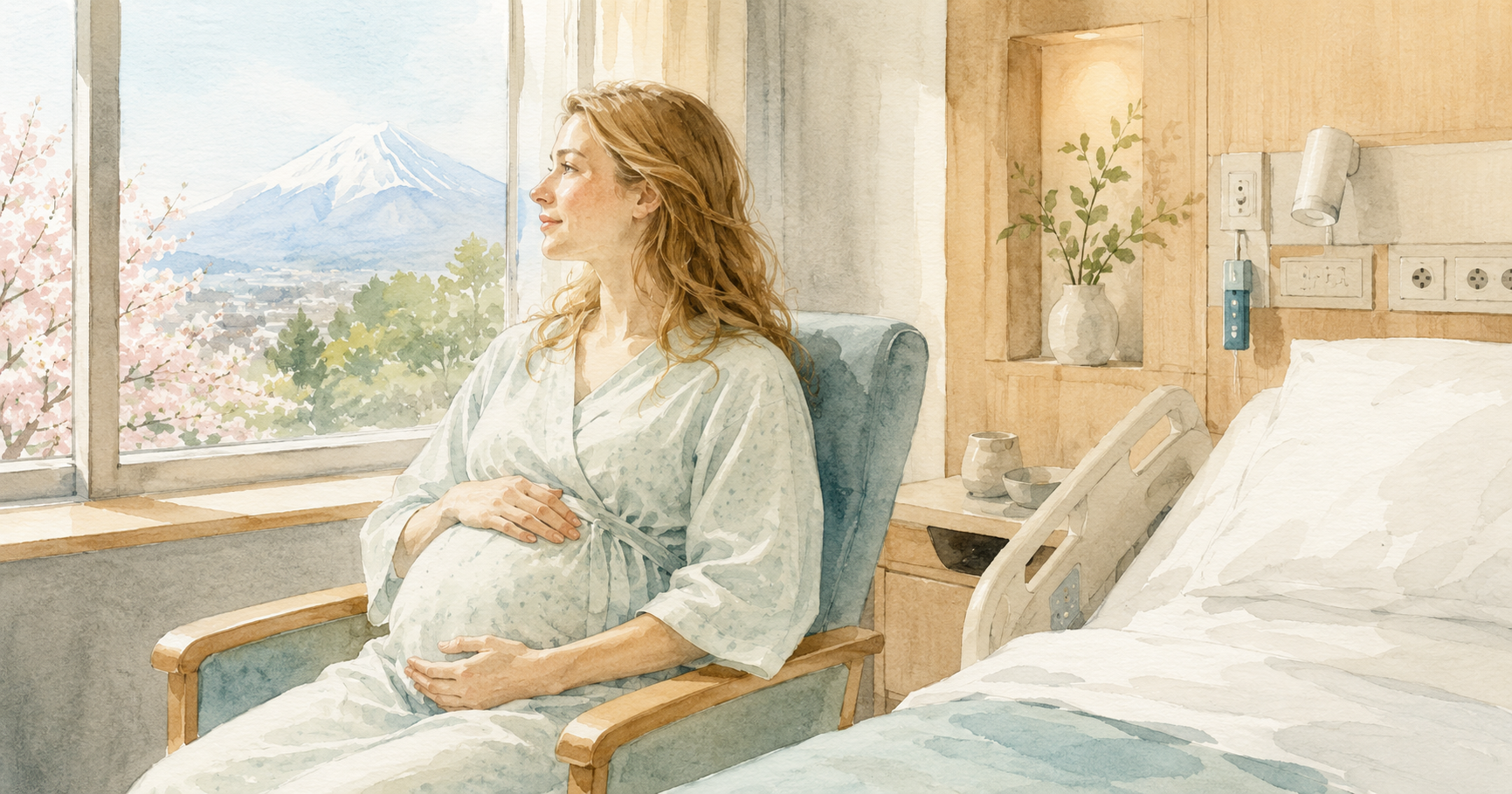 Pregnant woman in a Japanese hospital delivery room, sitting calmly in a modern LDR bed with soft lighting and a midwife nearby