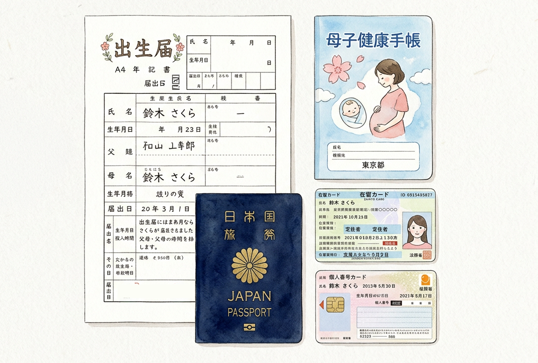 Documents needed for birth registration in Japan: birth notification form, mother and child health handbook, residence card, passport, and My Number Card