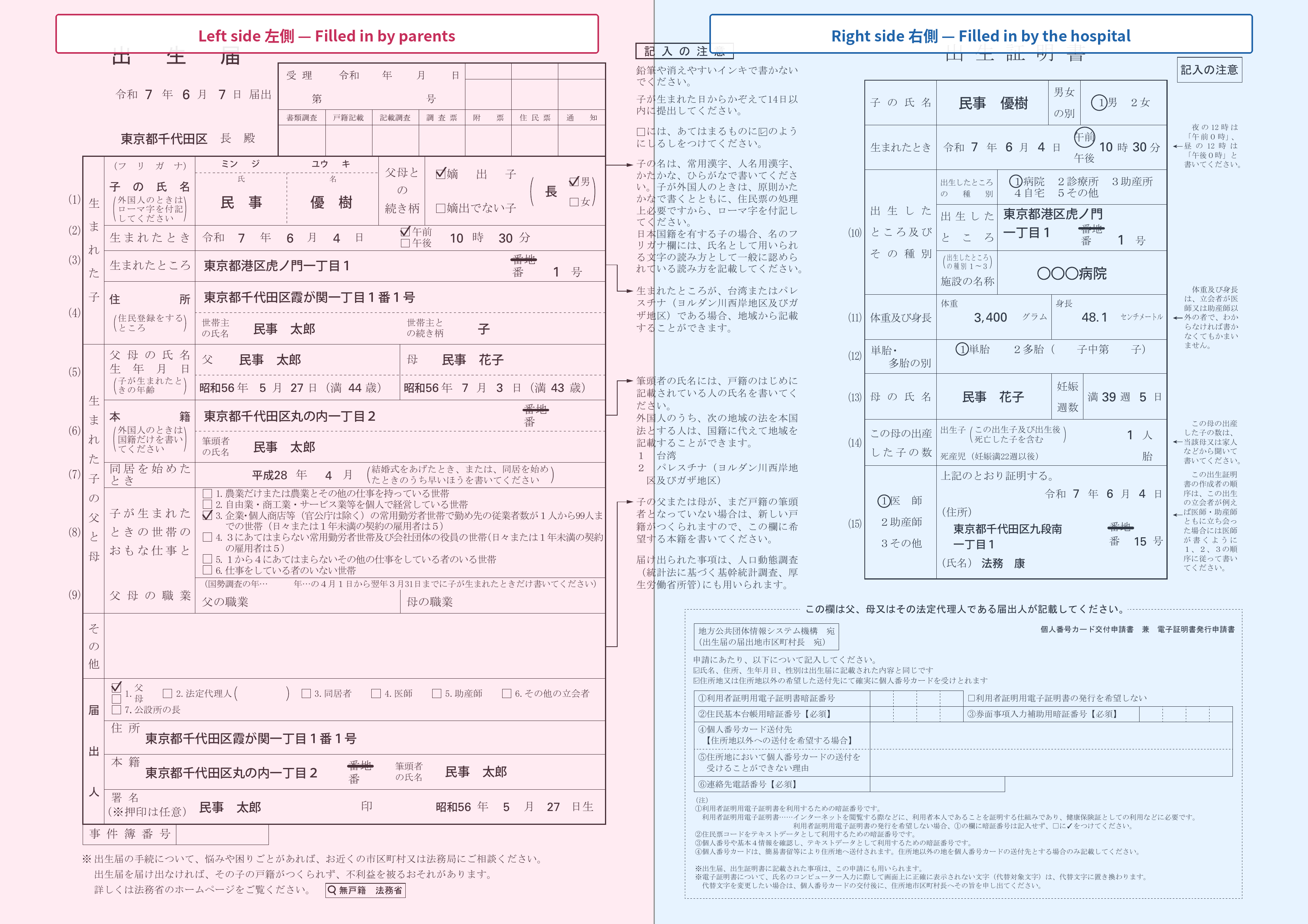 Birth registration form showing left side filled in by parents (pink) and right side filled in by the hospital (blue)
