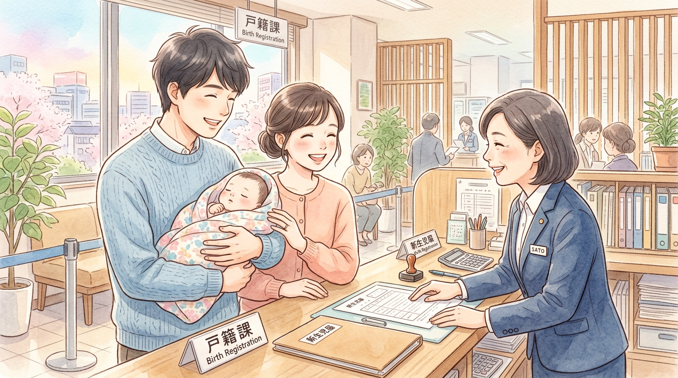 Parents with newborn baby submitting birth registration at a Japanese city hall
