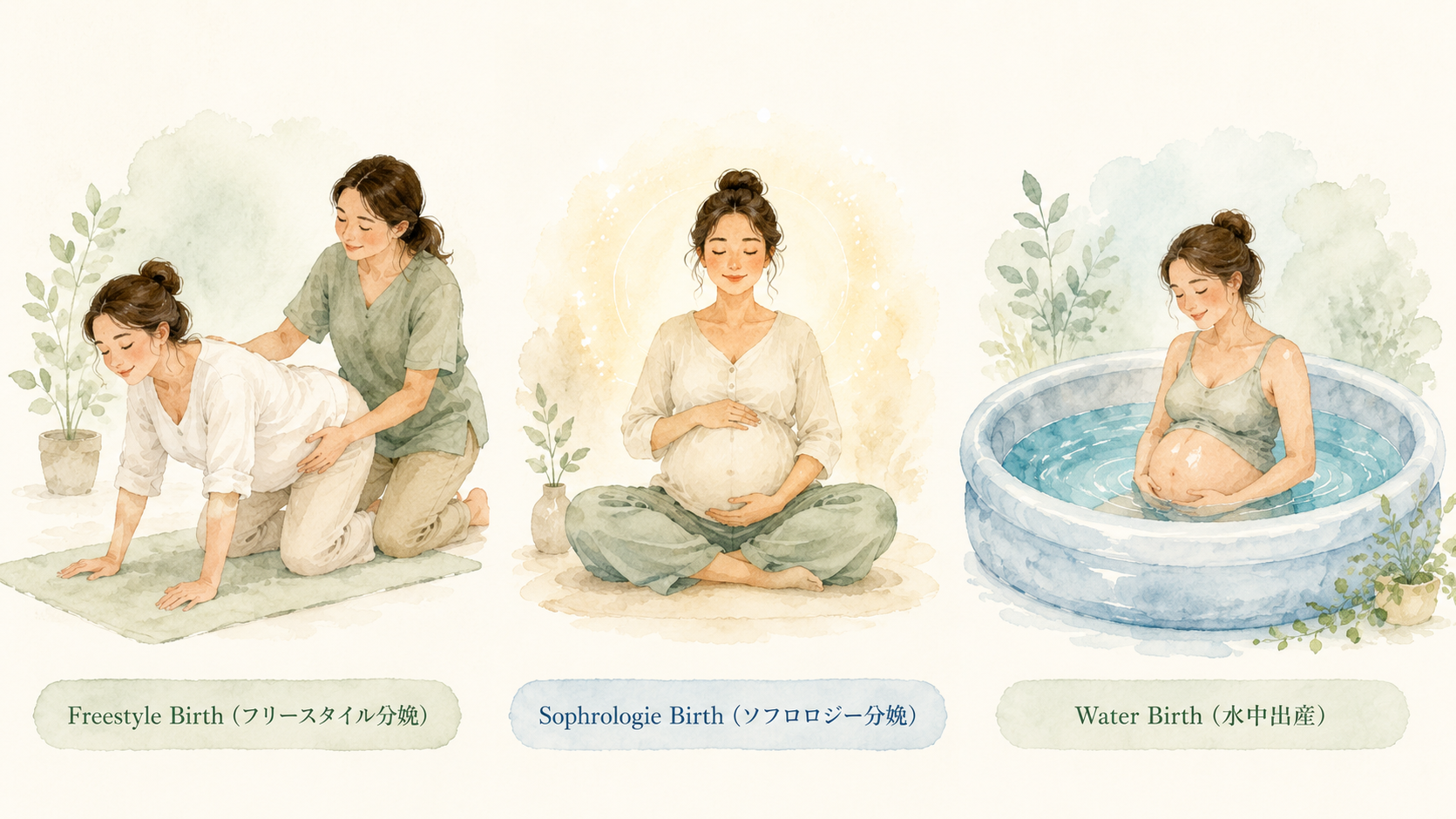 Three watercolour illustrations side by side: freestyle birth with a woman on all fours supported by a midwife; sophrologie birth with a woman sitting cross-legged breathing calmly; water birth with a woman relaxing in a warm pool