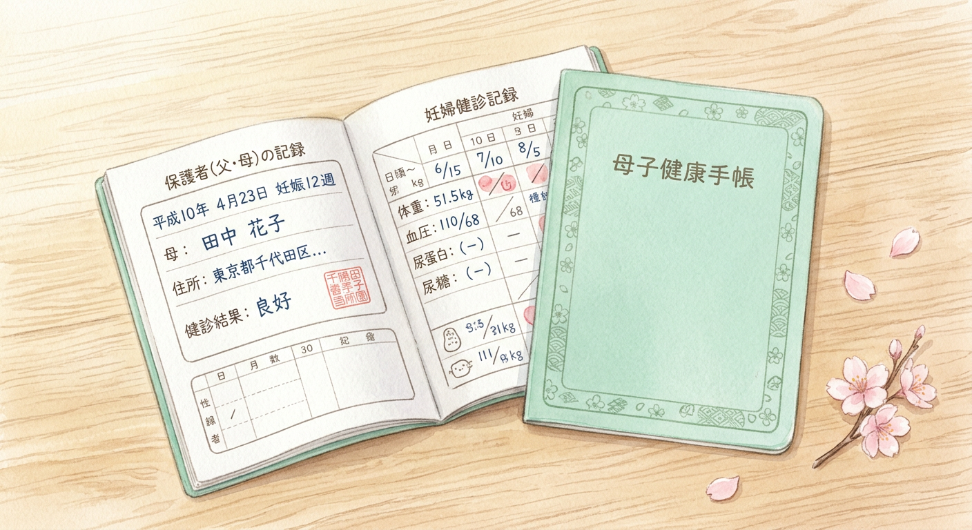 Japan's Maternal and Child Health Handbook (Boshi Techou) open on a table