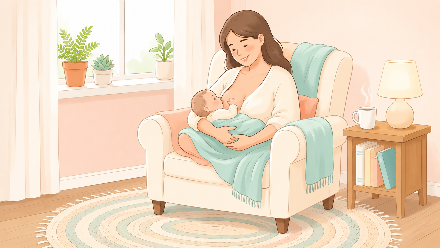 Mother breastfeeding her newborn in a cosy armchair