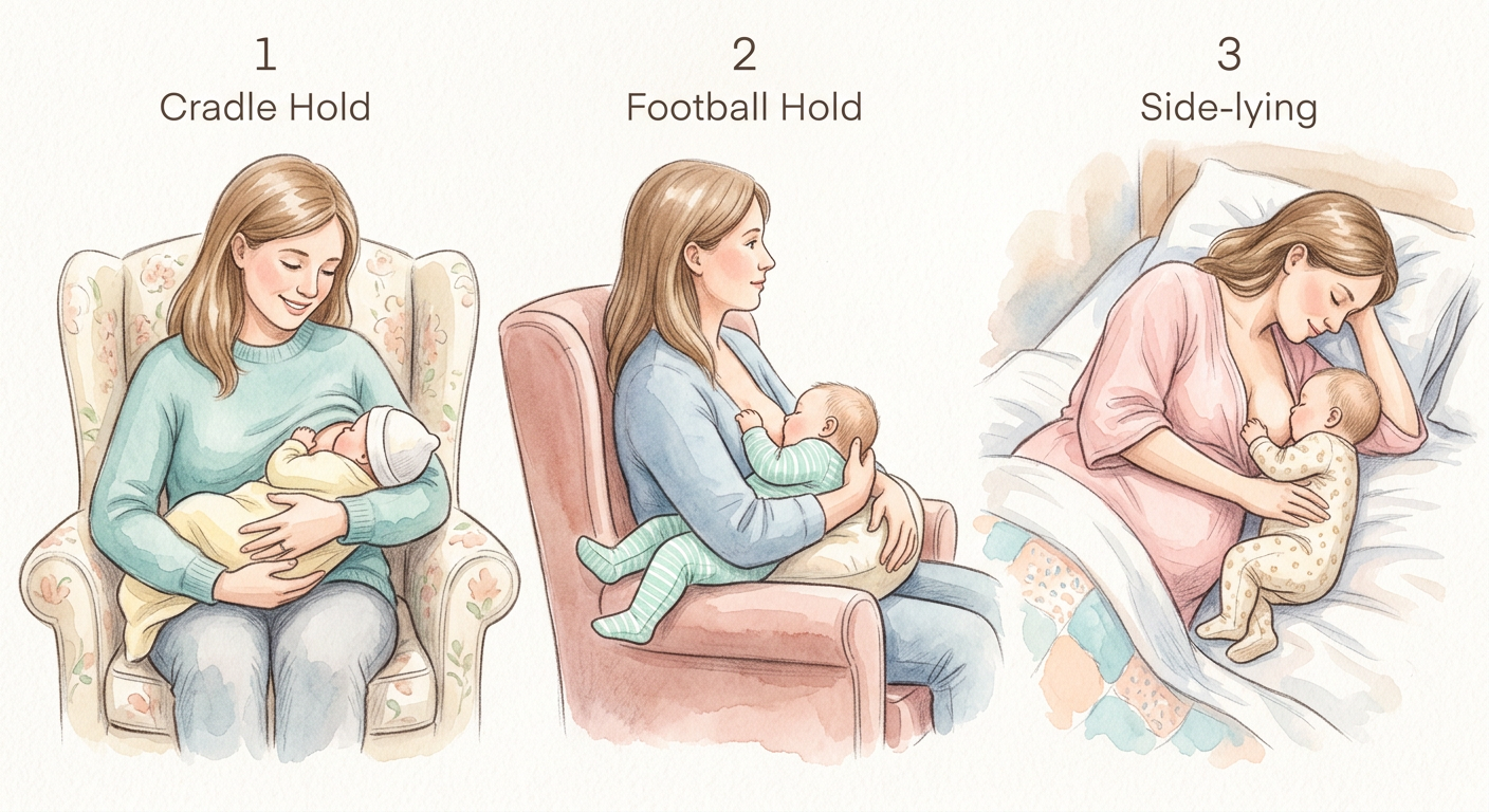 Three breastfeeding positions: Cradle Hold, Football Hold, and Side-lying