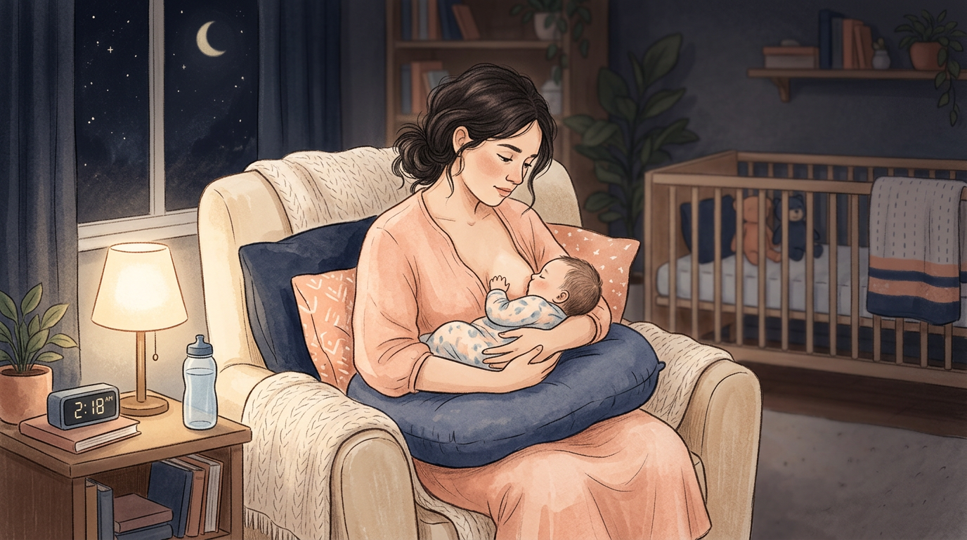 Mother breastfeeding at night, showing the reality of nighttime feeds