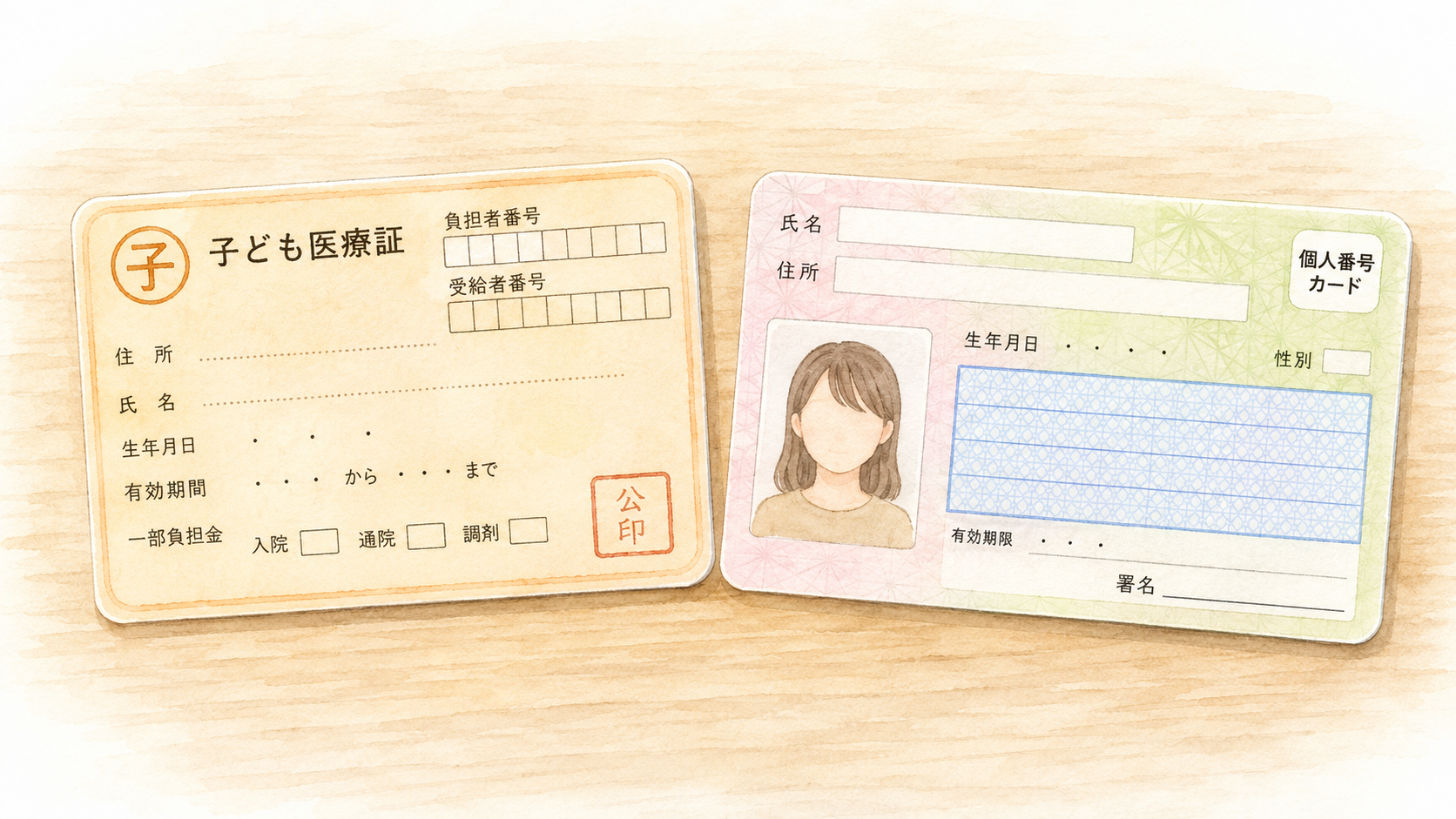 Watercolour illustration of a child medical certificate (子ども医療証) and a My Number Card (マイナンバーカード) side by side on a wooden surface
