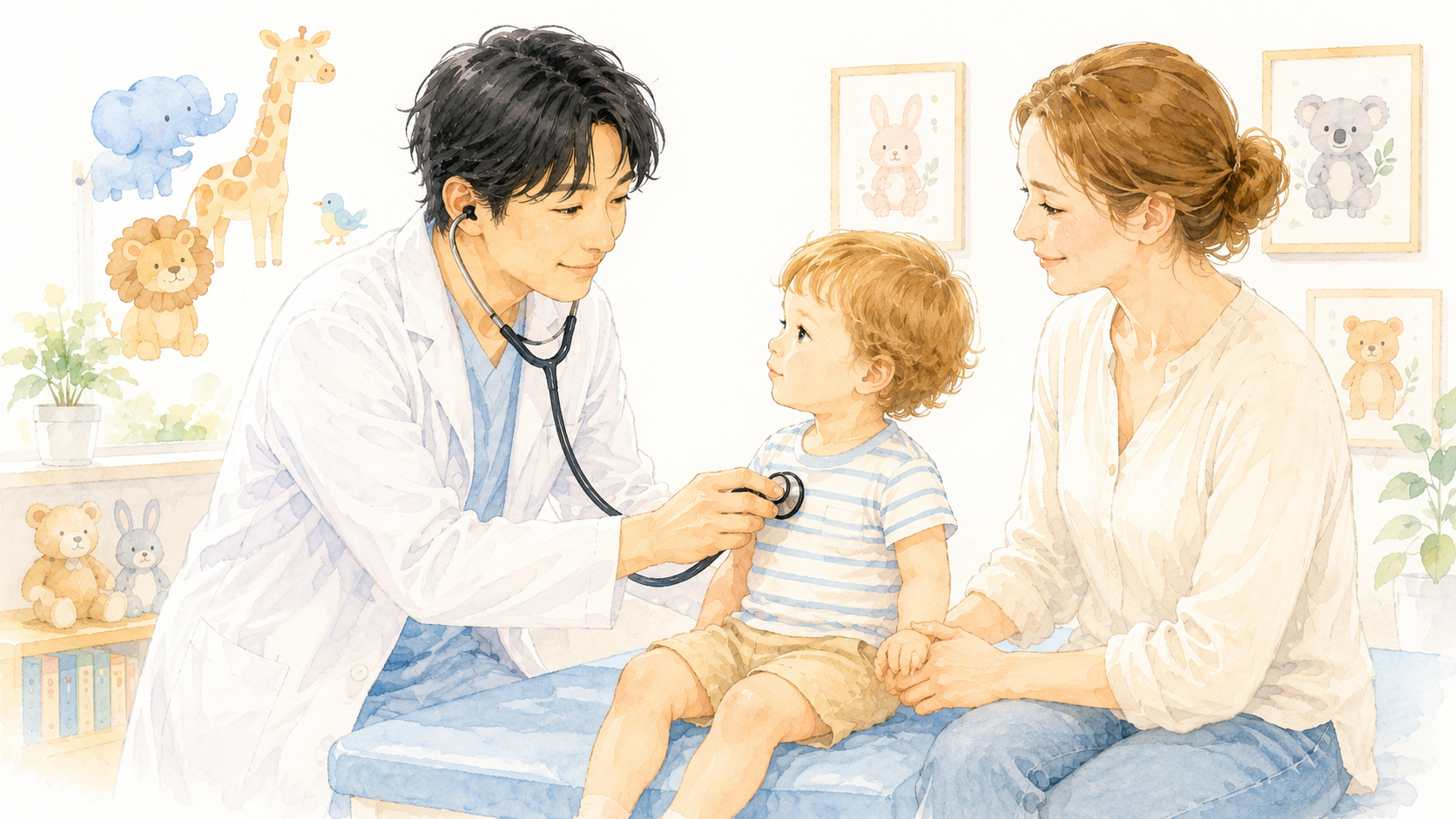 Soft watercolour illustration of a Japanese male doctor examining a toddler with a stethoscope while a Western mother watches reassuringly in a paediatric clinic room