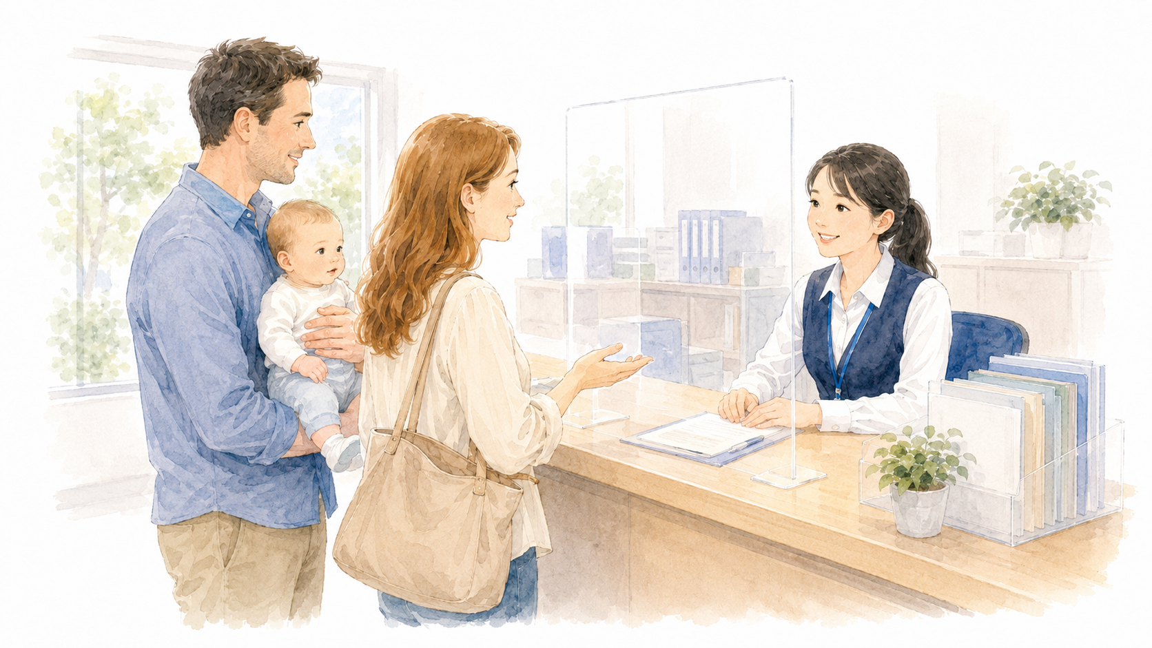 Soft watercolour illustration of a Western family — mother, father and baby — sitting at a Japanese municipal office counter, looking at documents together with a helpful Japanese staff member