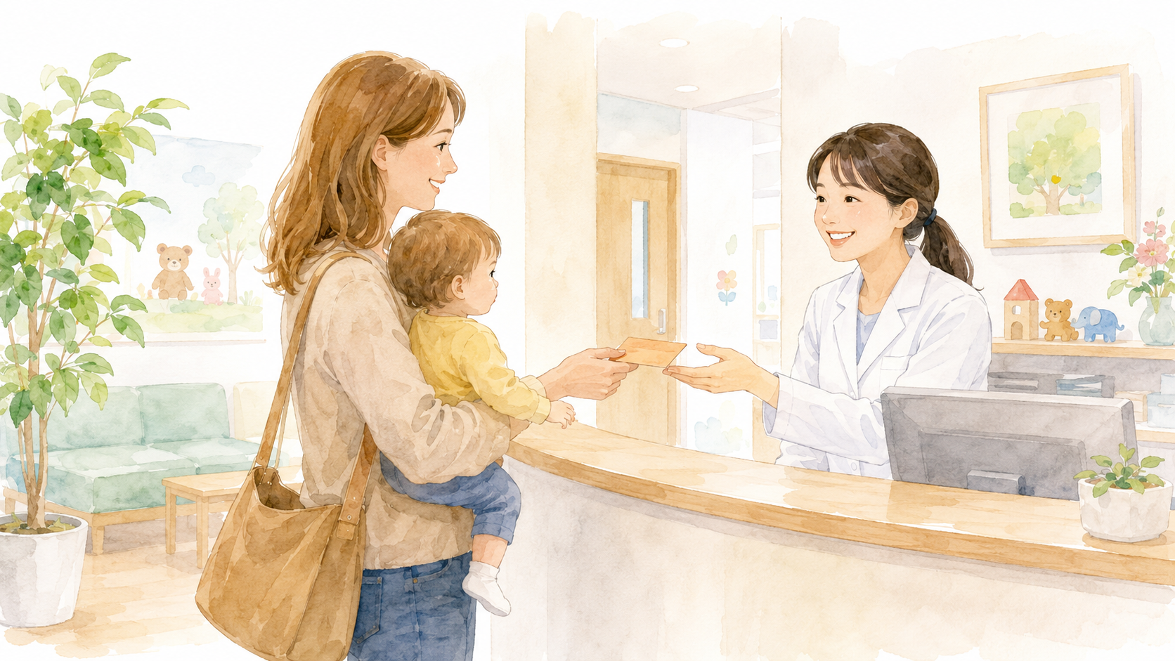 Soft watercolour illustration of a Western mother presenting a medical certificate at a Japanese clinic reception desk, with a toddler on her hip, friendly Japanese staff behind the counter
