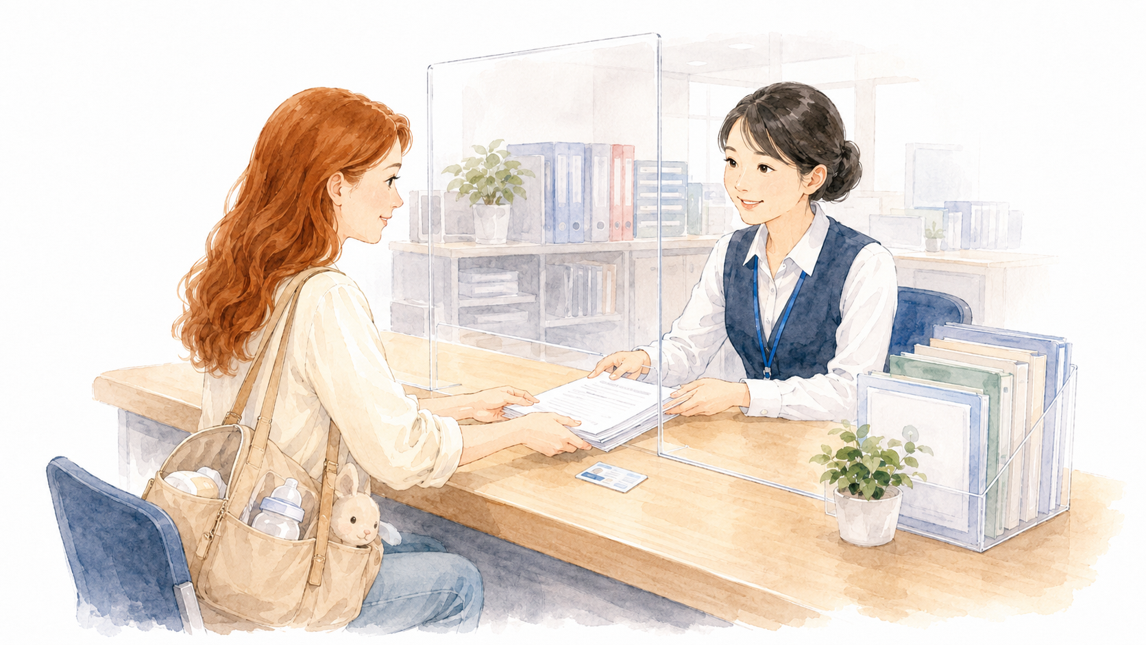 Soft watercolour illustration of a Western mother at a Japanese municipal office window, handing over documents to a Japanese staff member, calm and organised atmosphere