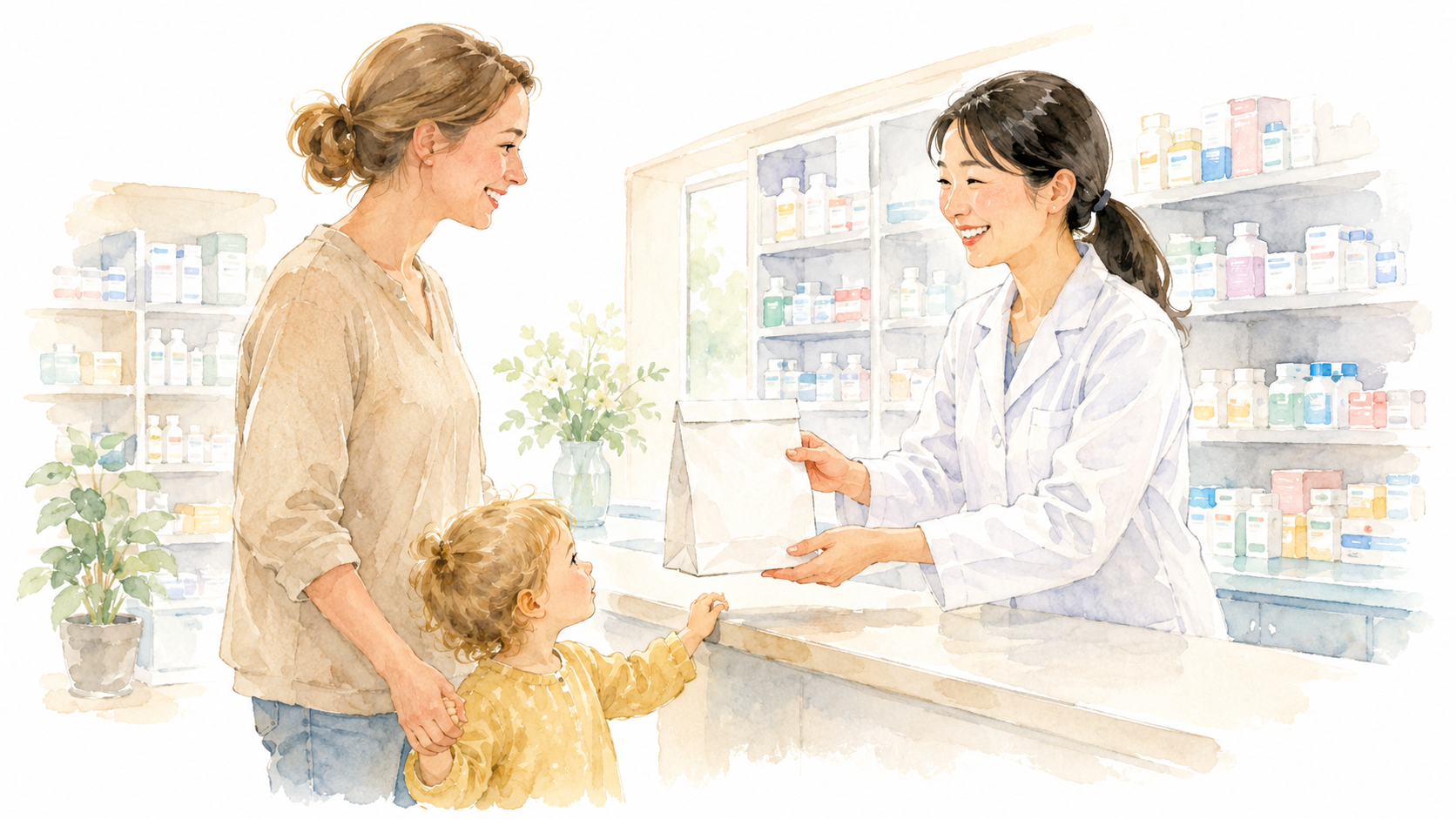 Soft watercolour illustration of a Western mother and toddler at a Japanese pharmacy counter, receiving medication from a smiling Japanese pharmacist